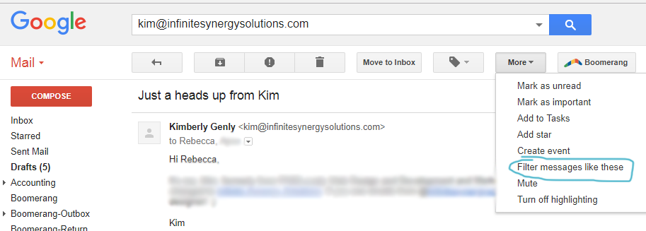 Screenshot of Gmail demonstrating how to find the "Filter messages like these" option