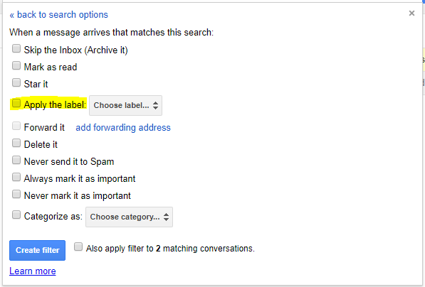 Screenshot demonstrating which options to select to automatically apply labels as part of a Gmail filter